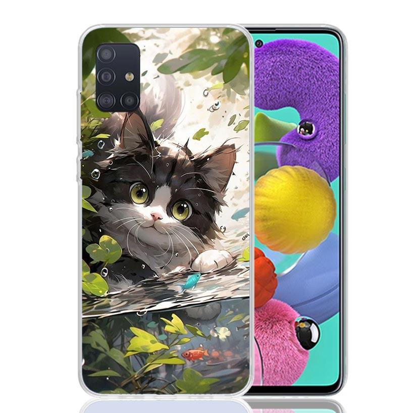 Cartoon Cute Cat Fish Aesthetic Phone Case For Samsung Galaxy A52 A32 A22 A12 A02S A50S A30S A51 A31 AA71 Note 20 Ultra 10 S10 P