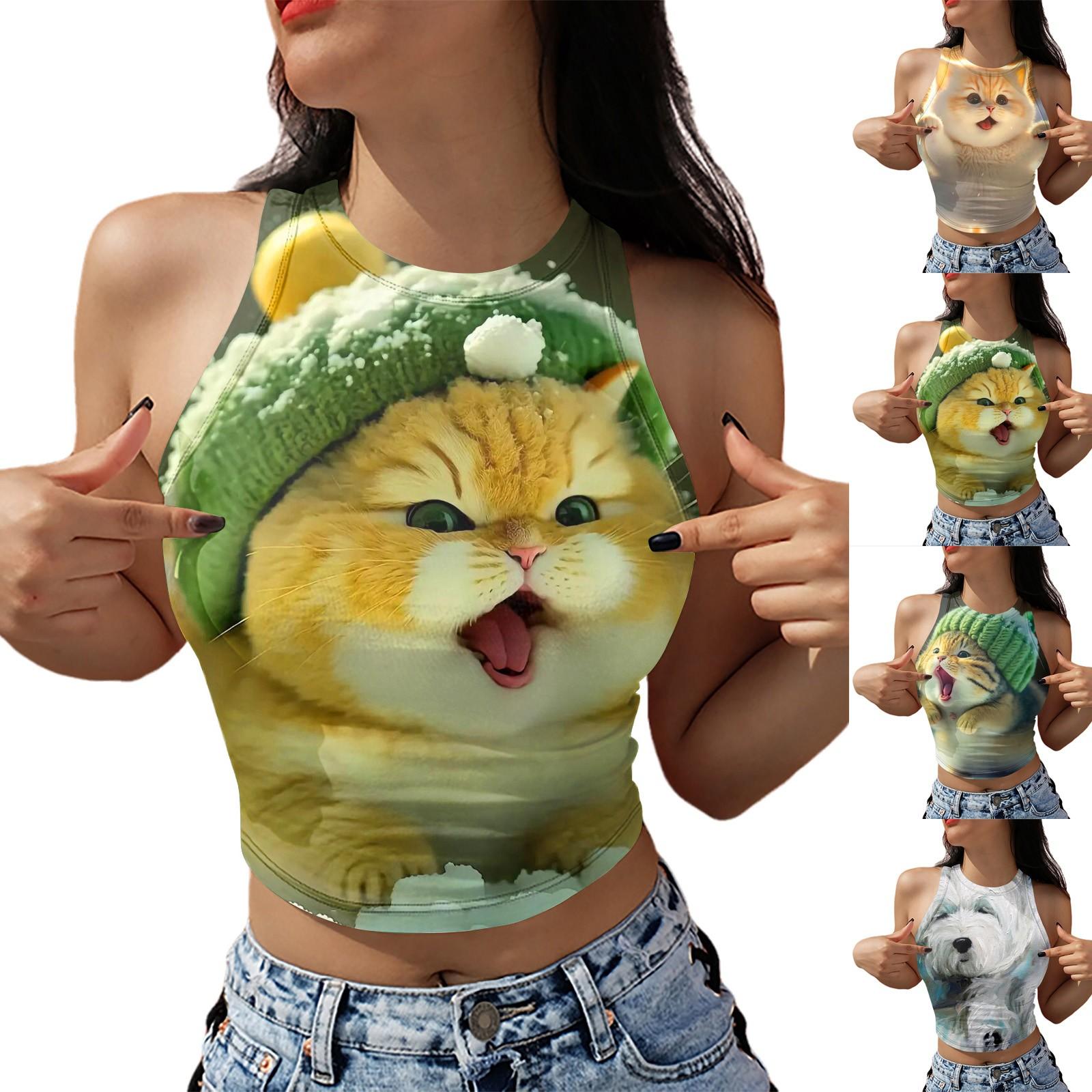 

Женская летняя модная футболка без рукавов с милым принтом кота, майка