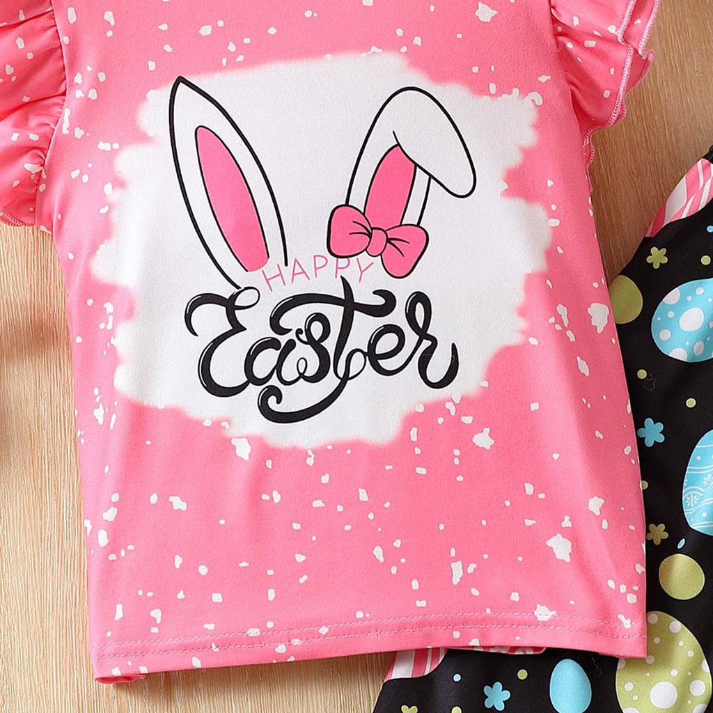 Baby Girl 2Pcs Easter Outfits Short Sleeve Tops and Plain Flare Pants Set Toddler Clothes