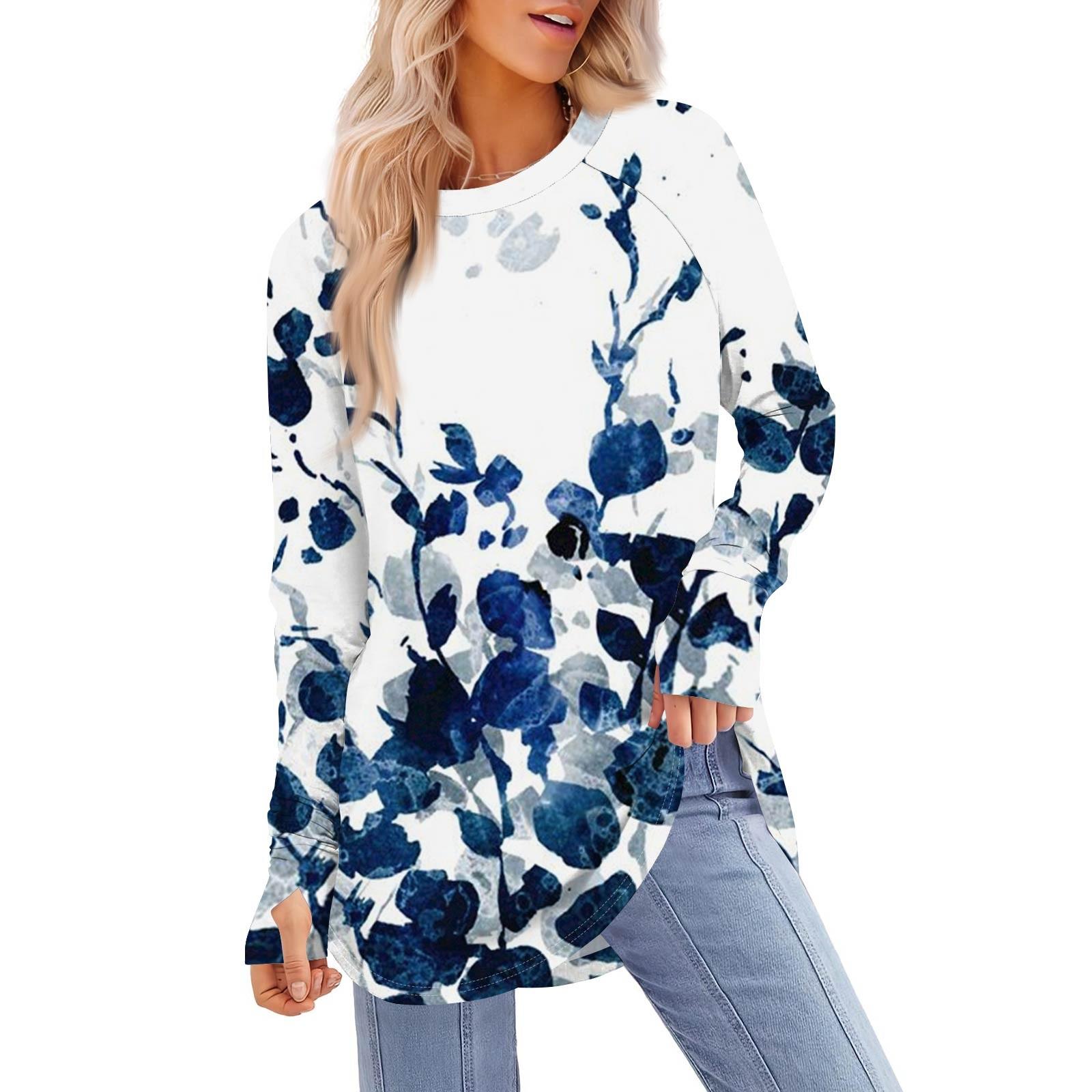 

Женская толстовка большого размера с графическим принтом, длинный рукав, спущенное плечо, круглая рубашка, топы, винтажная одежда XXXL синий