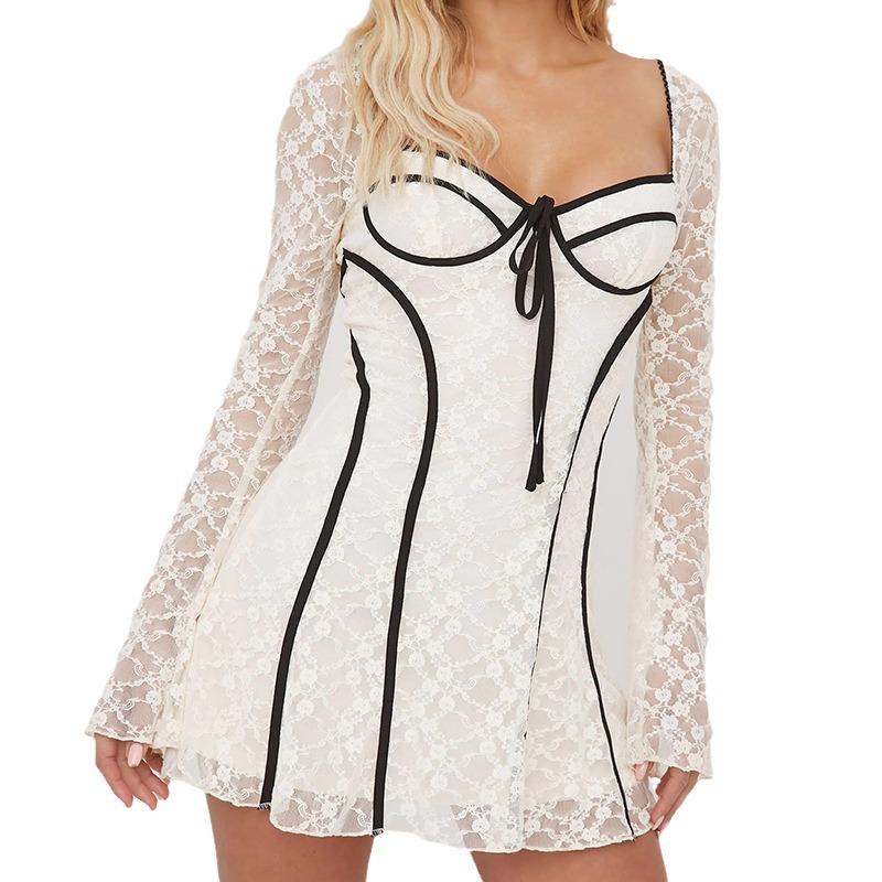 European and American women's clothing slim-fitting lace hollow-out splicing short skirt flared sleeve sexy dress women's high waist and thin babes