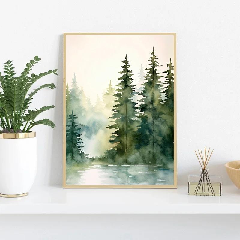 Watercolor Foggy Forest Mountain Trees Pine Posters and Prints Canvas Painting Green Wall Art Picture for Living Room Home Decor