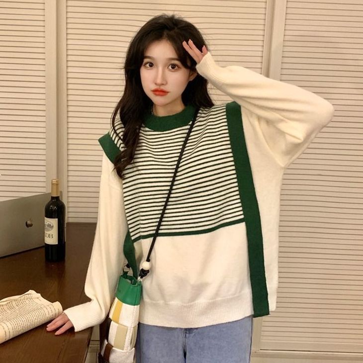 

Поддельные два вязаных свитера женский дизайн Sense жилет сращивание круглый вырез топ колледж стиль повседневный женский свитер одежда L зелёный