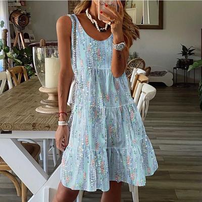 Frühling und Sommer neues lässiges Mode-Blumendruck lockeres Rundhals ärmelloses mittellanges Kleid TS2421