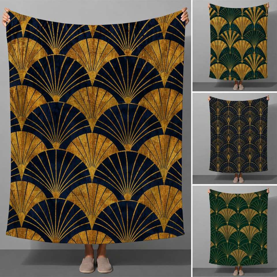 Luxury Art Deco Fan Geometric Vintage Aesthetic Throw Soft Flannel Throw Blanket for Couch Bed Sofa Warm Cozy All Season
