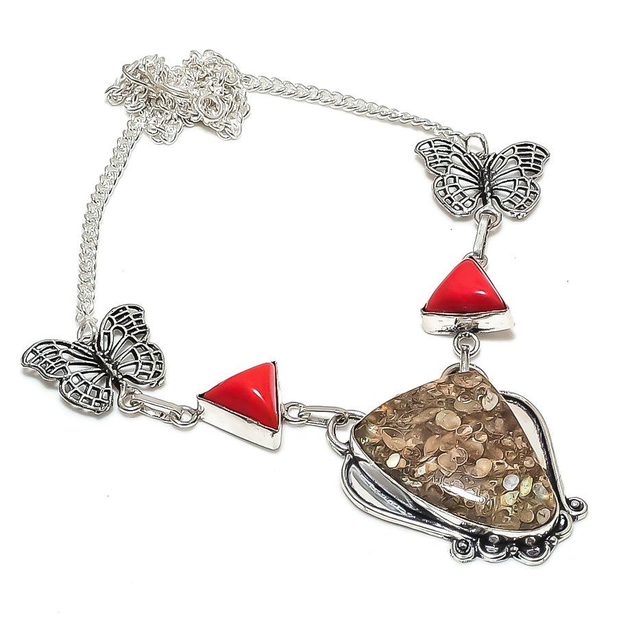 Natural Turritella Fossil, Coral 925 Sterling Silver Jewelry Necklace 18" C4F26