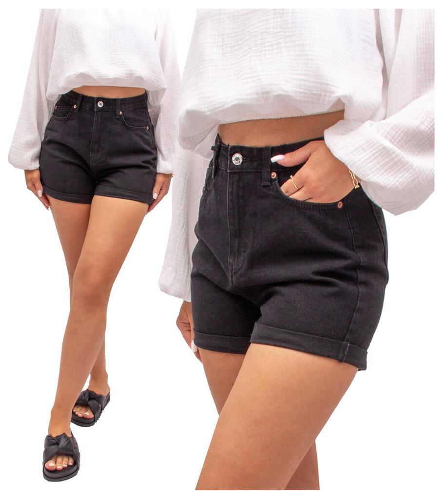 Krótkie Spodenki Jeansowe Damskie Dżinsowe Mom Fit Bermudy Czarne 38 M Firi