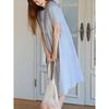 South Korea Dongdaemun Plus Size Women's round Neck Light Blue Sweet Leisure Mid Length Long Length Short Sleeve Dress Trendy L-4XL