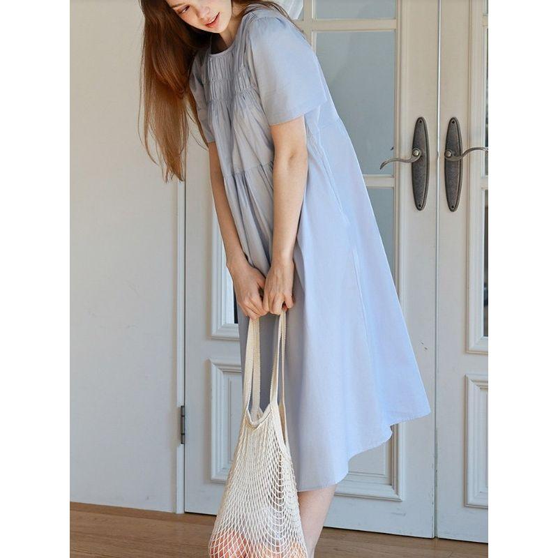 South Korea Dongdaemun Plus Size Women's round Neck Light Blue Sweet Leisure Mid Length Long Length Short Sleeve Dress Trendy L-4XL