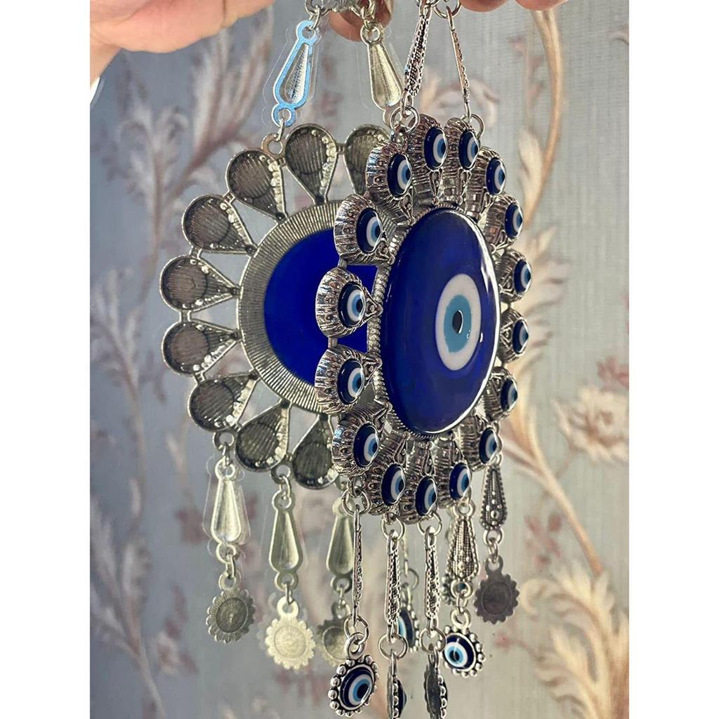 Silver Evil Eye Wall Hanging – Handmade Turkish Blue Nazar Amulet | Spiritual Protection Charm for Home & Office