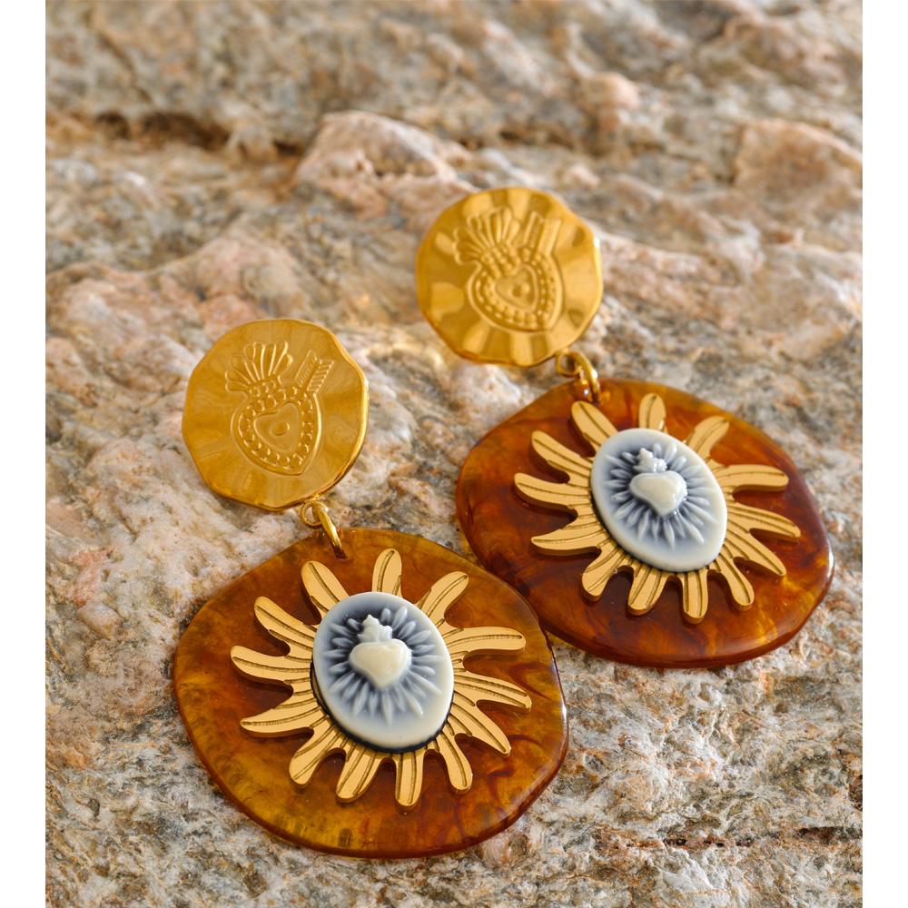 Eetit Exclusive Design Amber Resin Round Sun Pendant Drop Earrings Arrivals Stainless Steel Golden Fashion Jewelry Waterproof