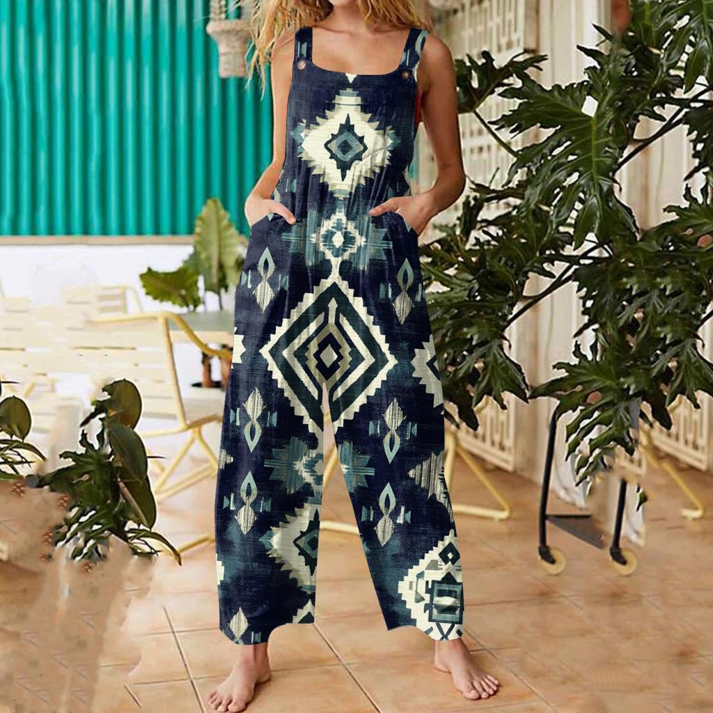 Women's Fashion Casual Loose Back Straps Wide Leg Vintage Printed Jumpsuit