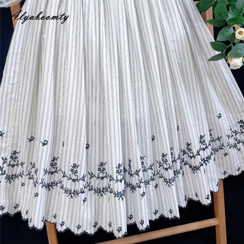Mori Girl Spring Summer Women Short  A-Line Skirt Elastic Waist Striped Embroidery Skirt Vintage Basic Ladies' Skirts Womens