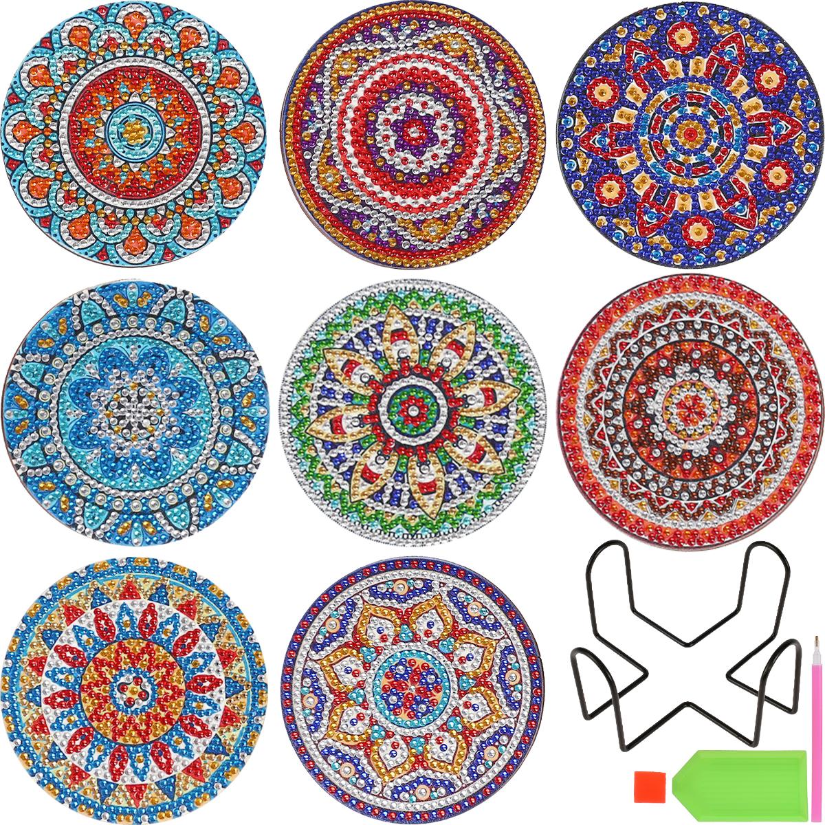 

8Pcs DIY Diamond Coasters Kit 4 Inch Rhinestone Painting Coasters Diamond Drawing Cup Mat Colorful Crystal Art Painting Cup Pad