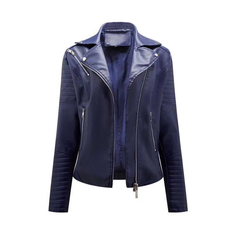 Womens Short Fitted PU Leather Biker Jacket With Asymmetrical Zipper Collar Streetwear Outerwear