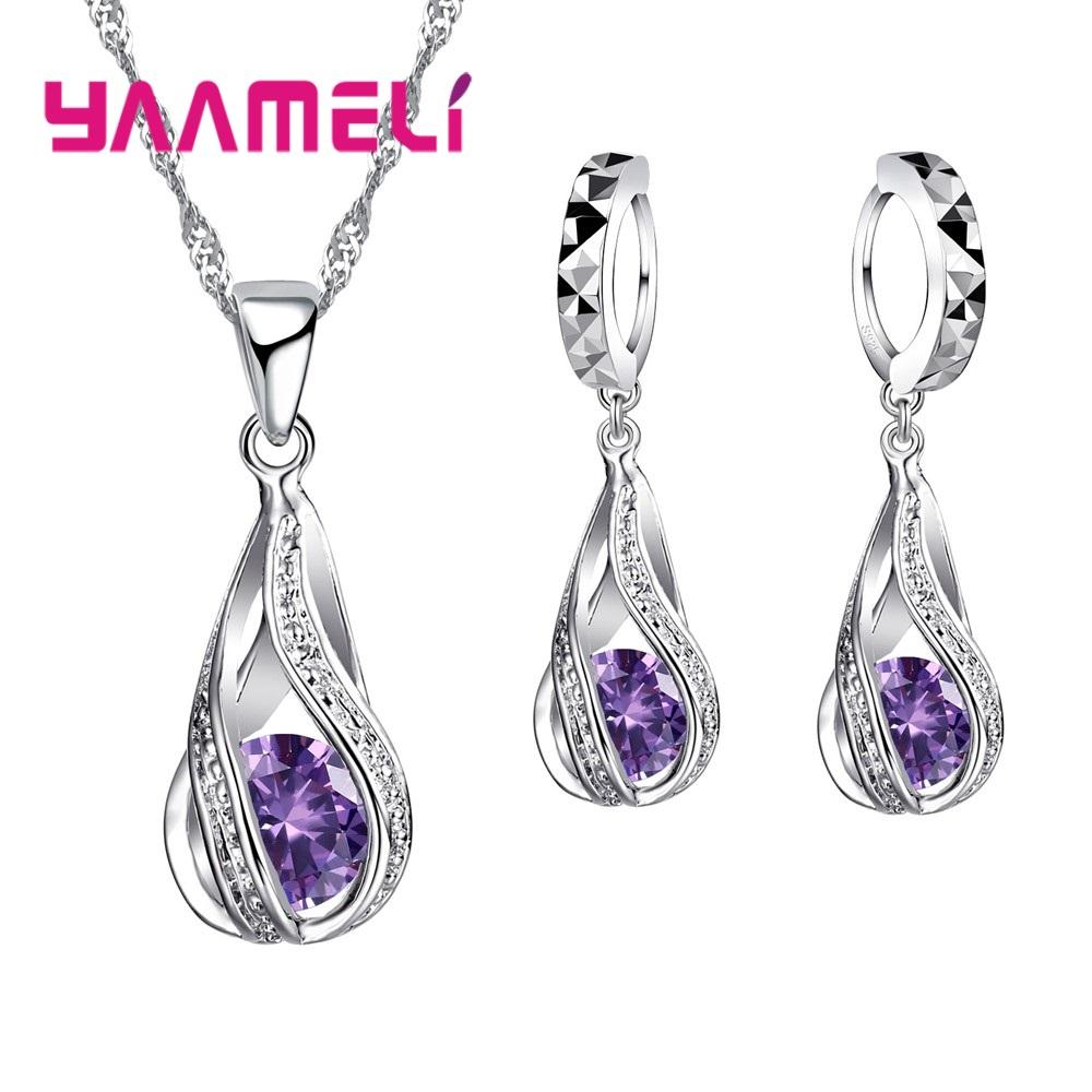 Water Drop Crystal Necklace Earring Set For Women 925 Silver Engagement Wedding Jewelry Set For Valentines Day Gift