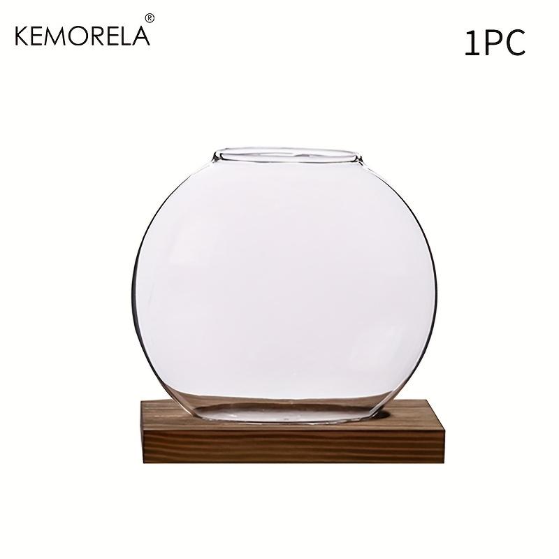 

Hydrophonic Planter with Wood Stand for Indoor Plants, Home Office Desk Decor Vase, Round Glass Flowerpot for Succulents Herbs