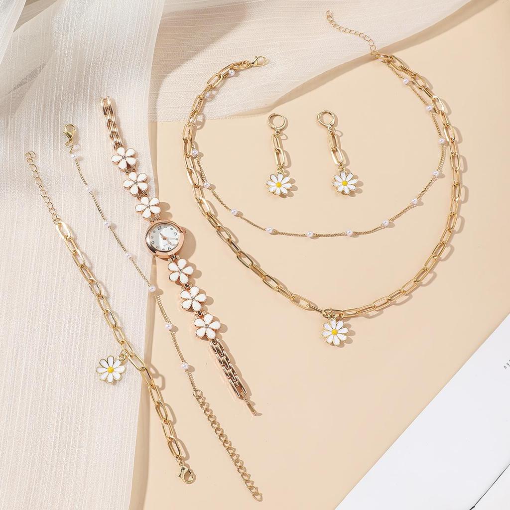 Ladies' Versatile Gift Set: Fashion Floral Chain English Watch & Daisy 5-Piece Set.