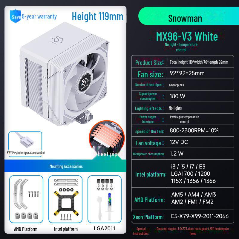 SNOWMAN Bingman MX96 Silent Heat Pipe CPU Cooler, Air Cooled for Computer Fans, Compatible with AMD, X99, LGA 1700, 2011, with 6 Heat Pipes.