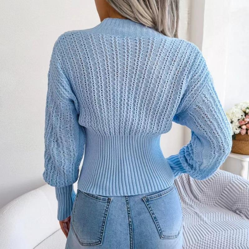 Autumn and Winter V-neck Pullover Sweater Hollow Fashion Elegant Knitted Slim Fit Solid Color Long Sleeve Tops Sexy New Short Top Women's Clothing