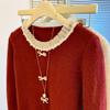 Korean Chic Lace Trim Round Neck Sweater Cardigan with Bow and Ruffle Edges for Women’s Autumn Winter Fashion.
