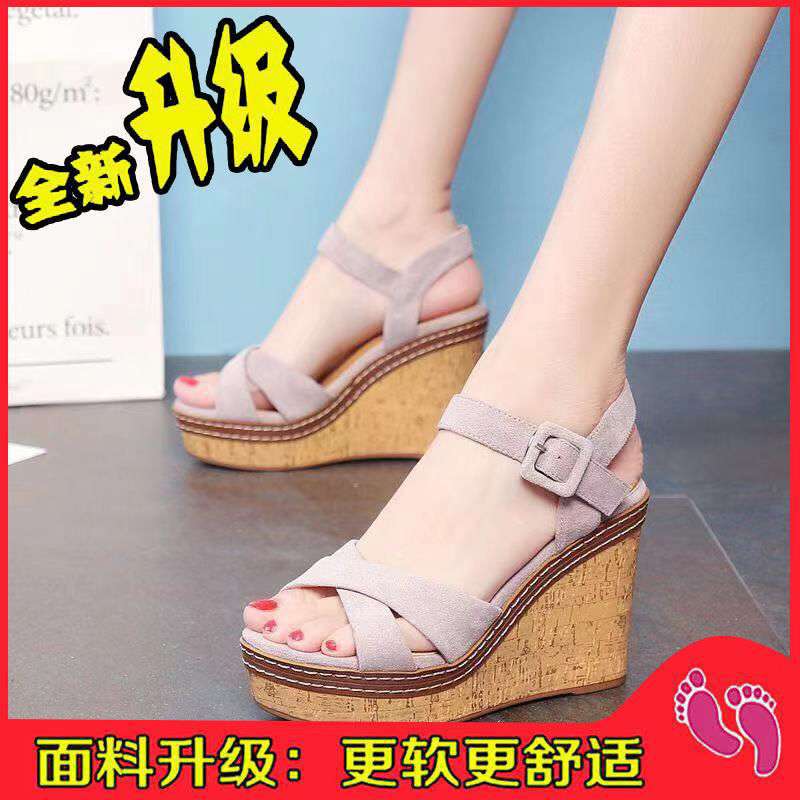 2025 slope heel sandals women's summer new high-heeled platform open-toed muffin shoes European station casual sandals