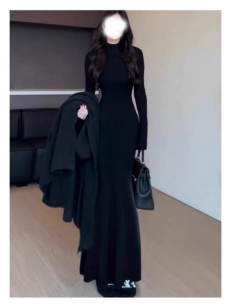 Beflocktes Schwarzes Lotos-Fischschwanzkleid mit Pelzfutter – Damen Herbst/Winter Schlanke Passform, Hoher Kragen, Langes Kleid
