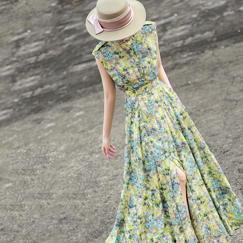 Lanser 2026 Summer French Floral Tie-Waist Sleeveless Dress