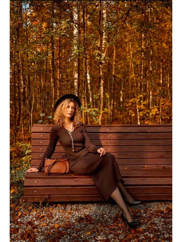 Women's Knitted Dress Elegant V Neck Thick  A-line Dress Brown Long Sleeve Vintage Midi Casual Dresses for Women