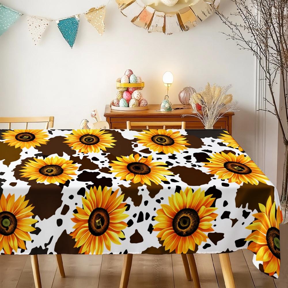 Sunflower Cow Print Rectangle Table Cloth for Table Decor Kitchen Dining Waterproof Reusable Tablecloth for Tables Outdoor Patio