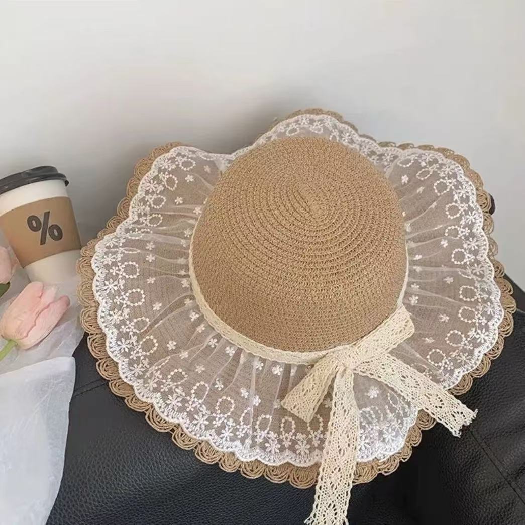 

Summer, Beach Outdoor, Straw Hat, Lace Bow, Sunshade, Sun Hat, UV Protection, Sun Grass Hat, Women adjustable 56-58