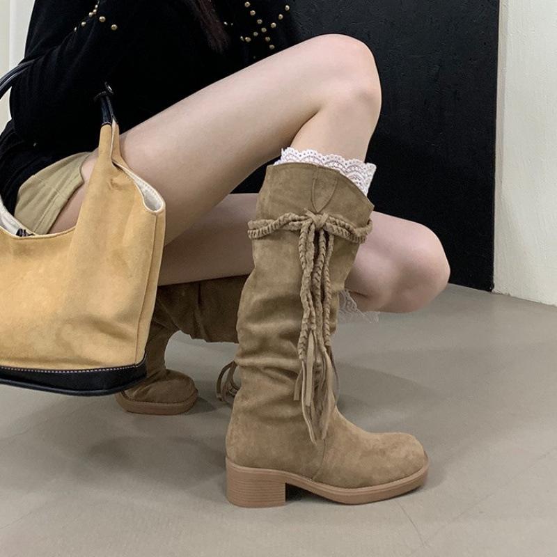 Retro suede thick heel boots women's autumn and winter new boots 2025 French high heel boots western cowboy boots