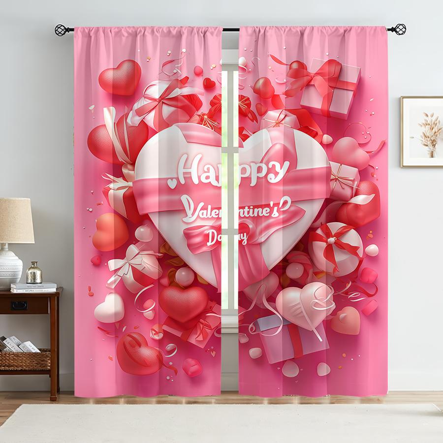 Set Of 2 Pink Heart Valentine Day Curtain Festive Atmosphere Decor Style Bedroom Living Room Pull Pocket Design Polyester Perfect For Great