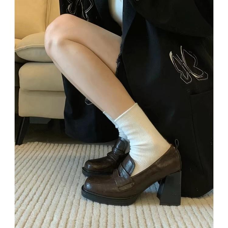 [Spot~~] Retro British style women's shoes high-heeled small leather shoes women's platform one-pedal loafers thick-heeled single shoes