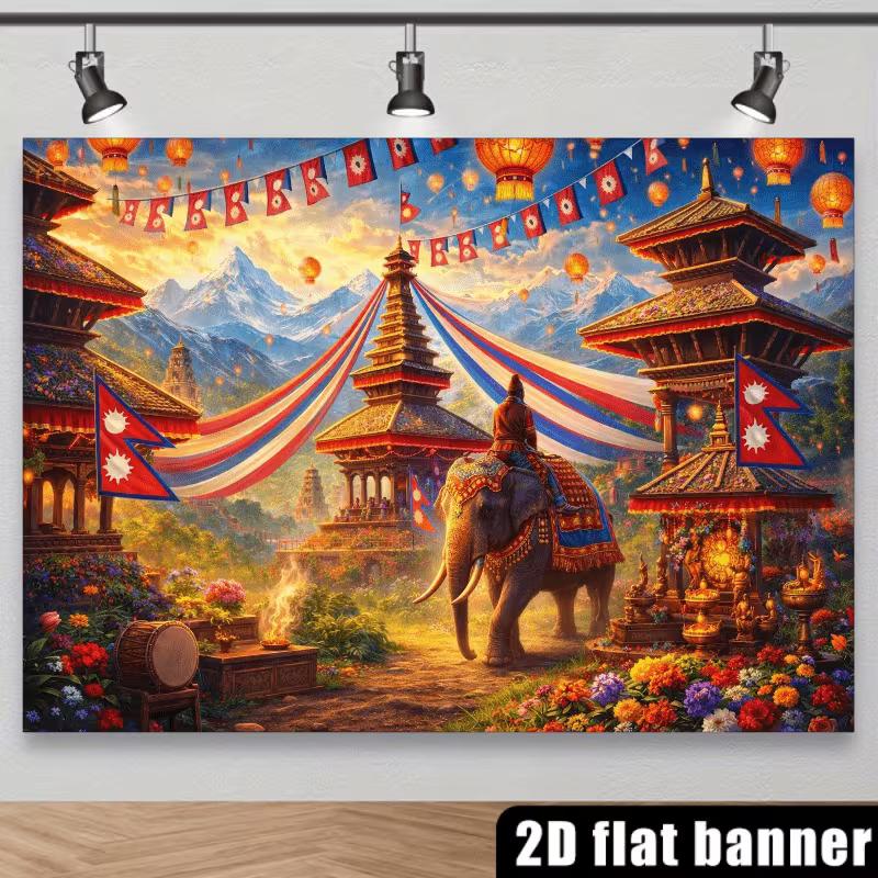 Vibrant Nepalese Festival Tapestry, Colorful Temple Celebration with Elephant, Floating Lanterns and Snow-Capped Himalayas, Rich Cultural Wall Art