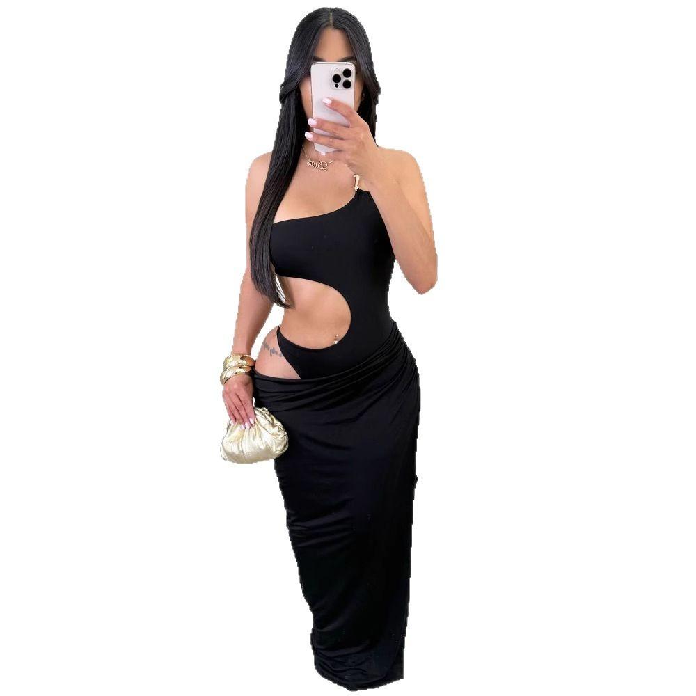 Europe and the United States new cross-border fashion banquet solid color temperament slim sexy hollow design long dress hip dress women