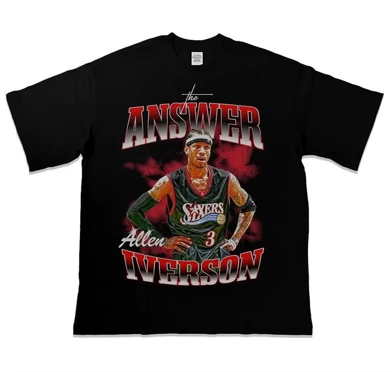 Summer Basketball Star Allen Iverson American Short Sleeves Tshirt Round Neck Loose Cotton Basketball Short Sleeve Streetwear