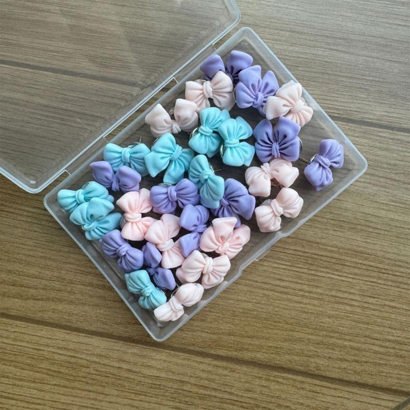 Pack of Bowknot Theme Thumbtacks Safe Design Push Pins Set with Storage Box for Wall Decorations School and Office Use