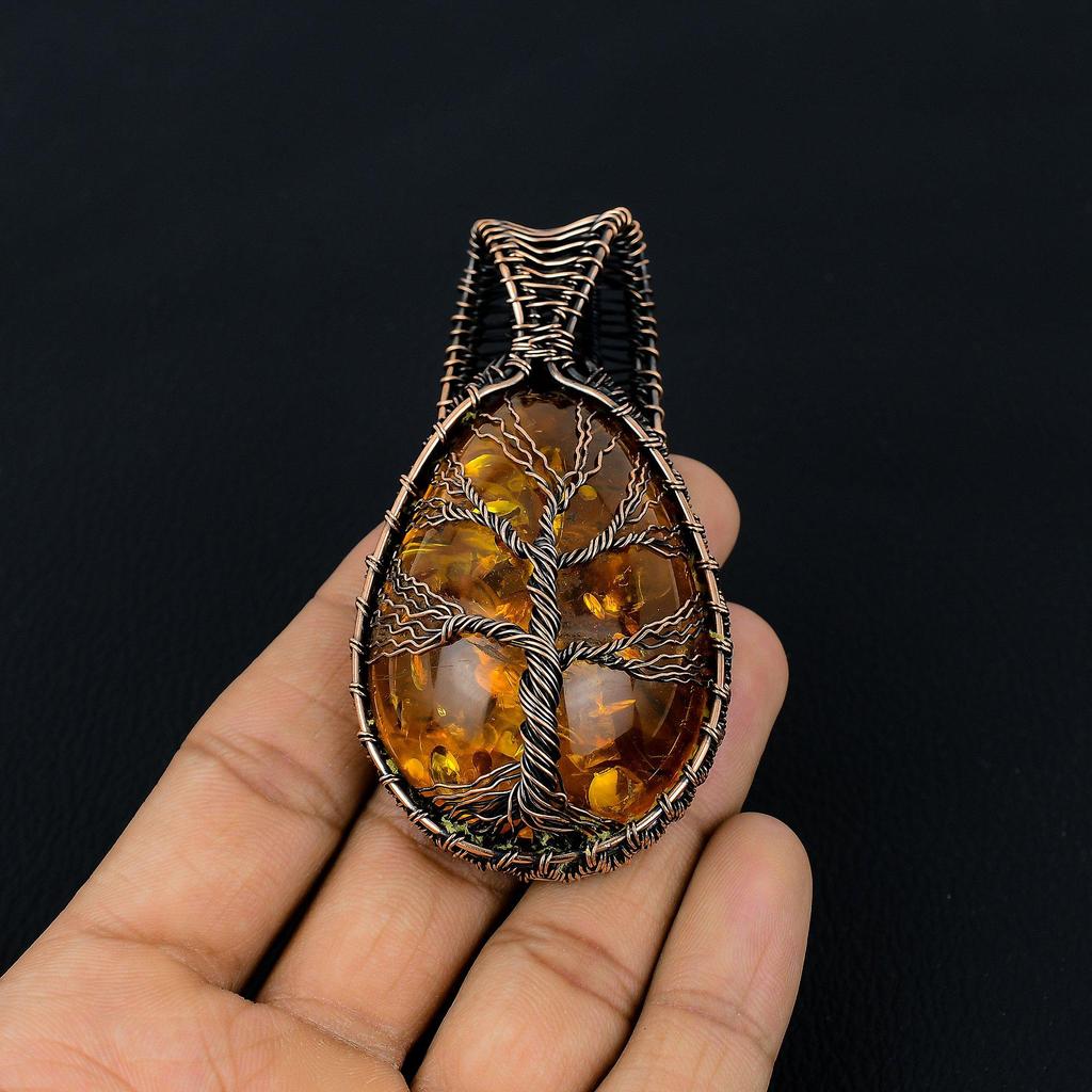 Baltic Amber Pendant, 999 Copper Wire Wrapped Gemstone Jewelry, Handmade Pendant For Mother Day