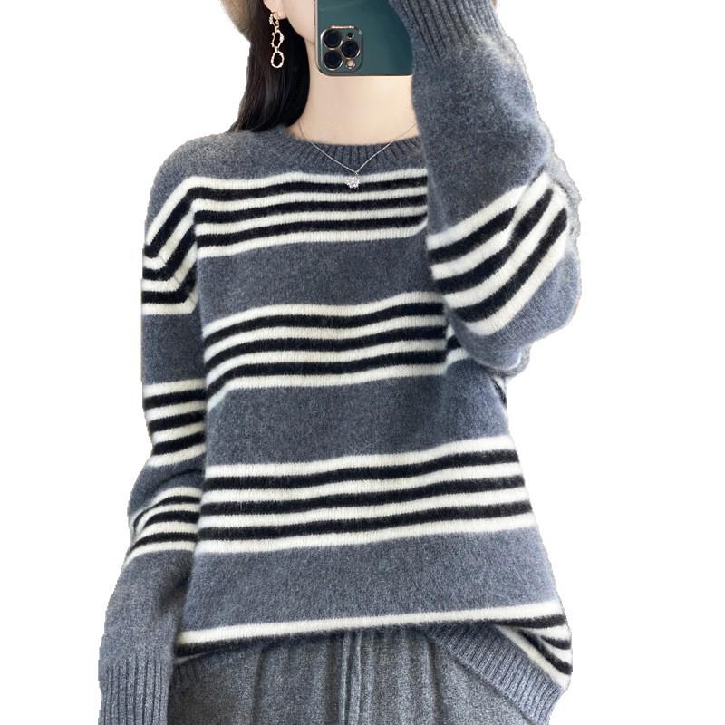 Women's Color Block Striped Knit Sweater: Cotton, Cashmere, & Wool Blend - Casual Autumn/Winter Pullover