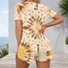 Women Plus Size Blue Green Printed V Neck Short Sleeve Button Front Fitted Short Romper