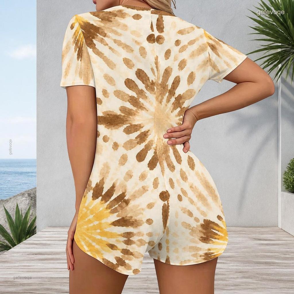 Women Plus Size Blue Green Printed V Neck Short Sleeve Button Front Fitted Short Romper