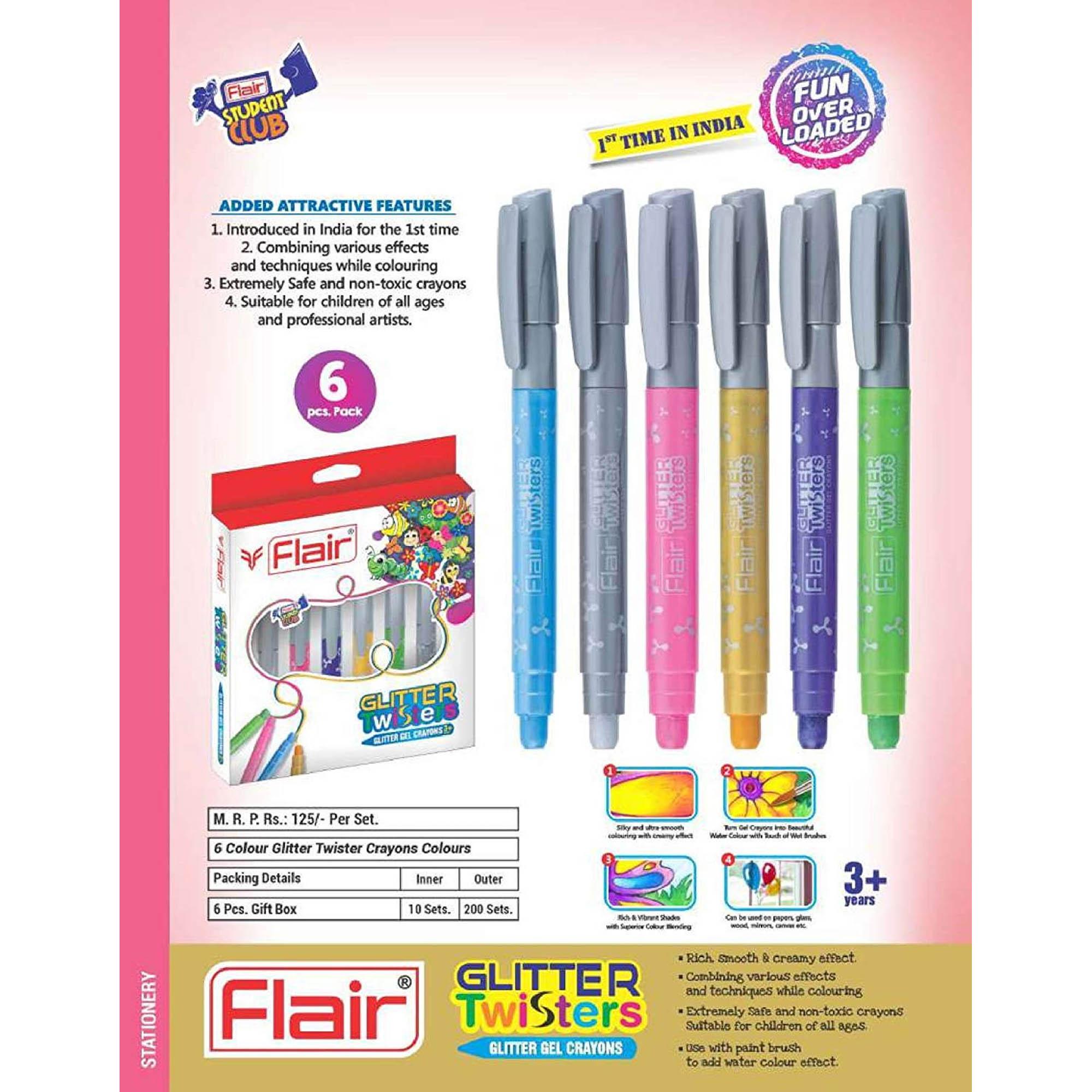 

Flair Creative Glitter Twisters Gel Crayons Set of 6 For Kids Smooth Coloring on Paper Glass and Canvas Art