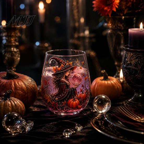 Creative Holiday Gift Fantasy Witch Glass Tea Cup, Gothic Crystal Ball Pattern Tumbler for Halloween Party Glassware Wine Juice, 320ml Vintage
