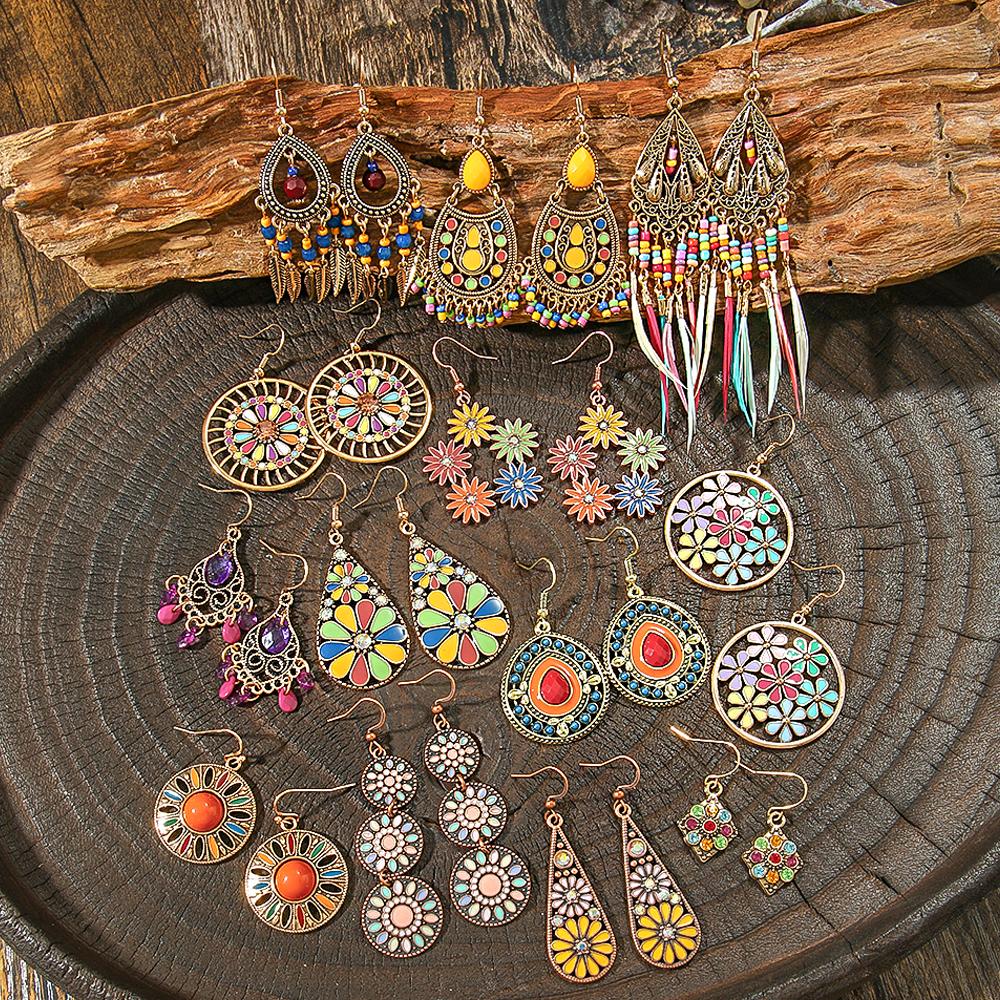 Women Vintage Colorful Dangle Earrings Set Boho Statement Tassel Ornaments Chic Holiday Gifts Party Decors Daily Wear Versatile