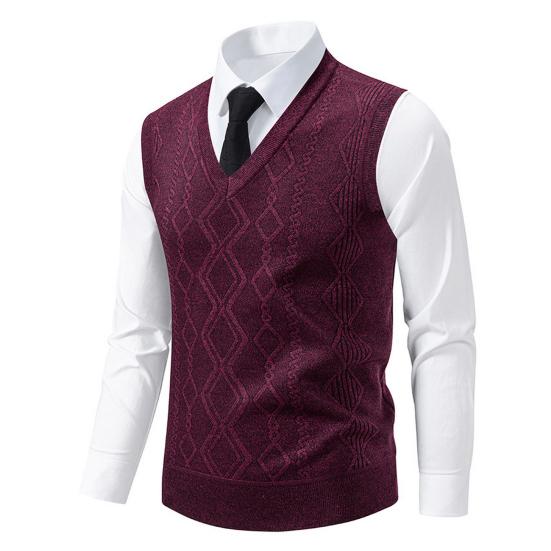Men Knitting Vest V-Neck Sleeveless Rhombus Texture Sweater Vest Autumn Winter Solid Color Casual Vest Knitwear