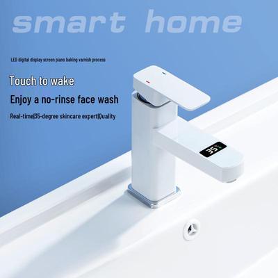 Bathroom Cabinet Faucet: Dual-Hole, Digital Temp Control, Black/White, Square Design, Cold/Hot Water.