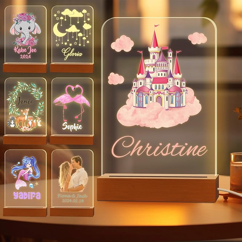 Personalized Night Light for Kids Custom Engraved Name Acrylic LED Lights with Wood Base for Nursery Bedroom Decor Night Lamp, Customized Birthday