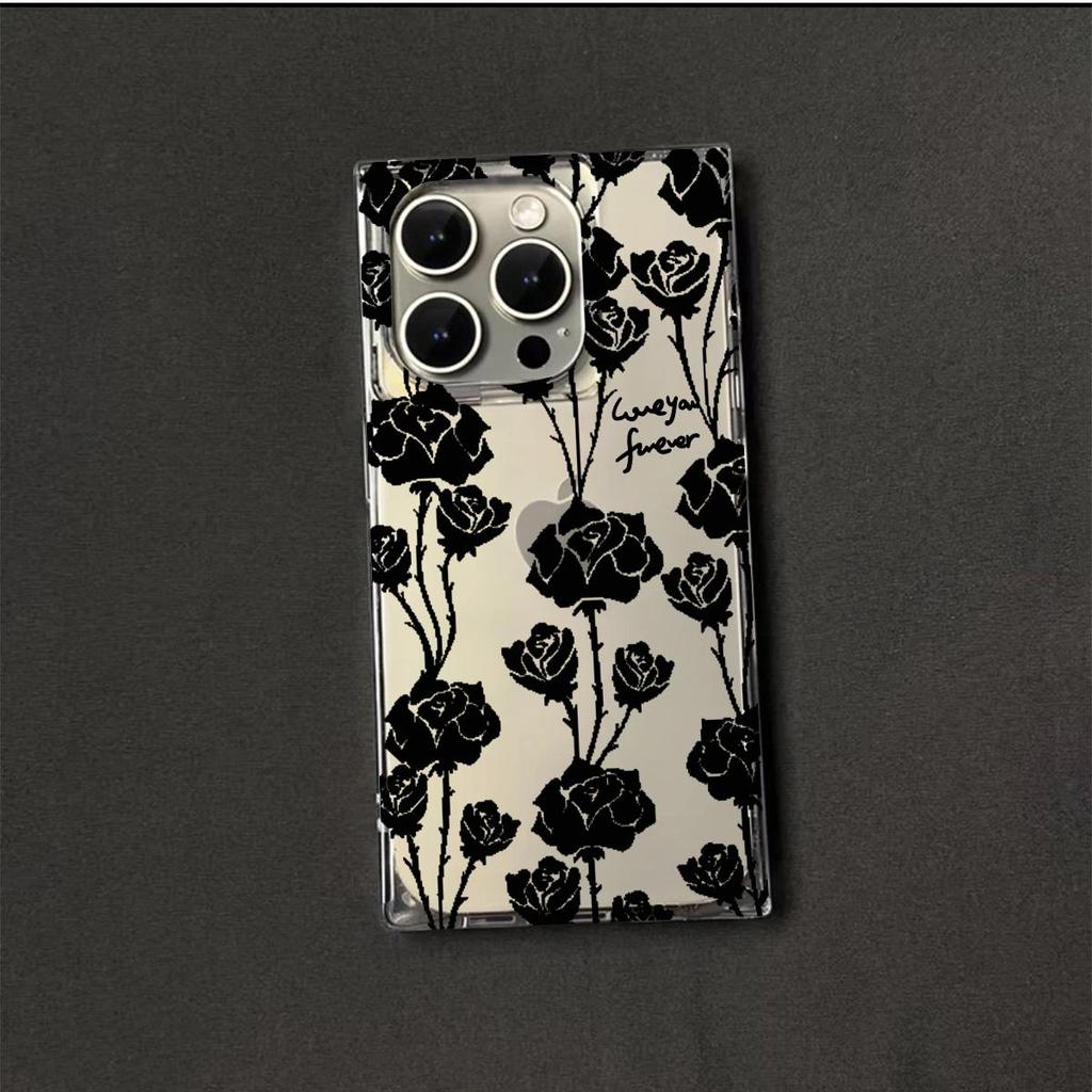 Transparent Square Back Tube Case Casing Protection For iPhone 13 15 Plus 11 12 16 ProMax 14 Pro Max Anti-Oxygen,Bramble Rose Pattern