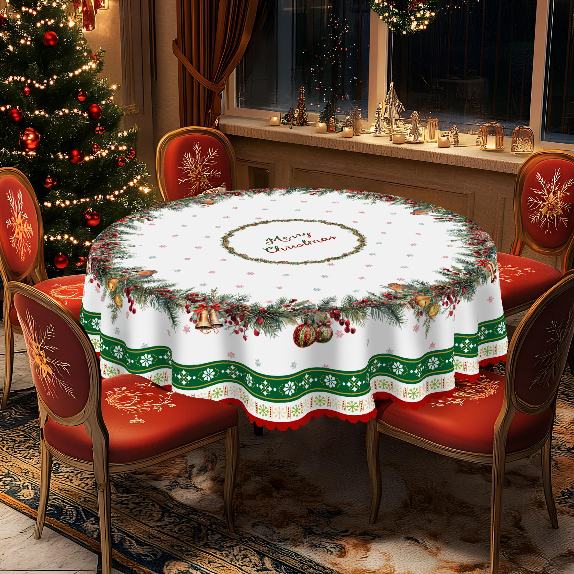 

1 Piece Christmas Tablecloth, Various Sizes, Christmas Ring And Bell Print Pattern Party Decoration Tablecloth, Christmas Party Gathering Courtyard Ta Round(152)Cm